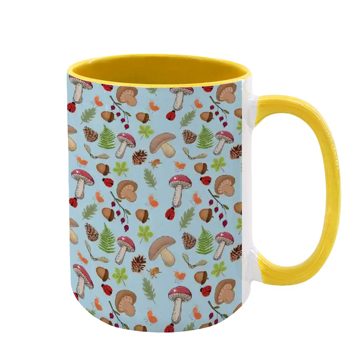 “Forest Floor” 15oz Mug – Blue Background, Mushrooms, Insects, Acorns, Leaves & Ferns, Woodland Nature Coffee Cup