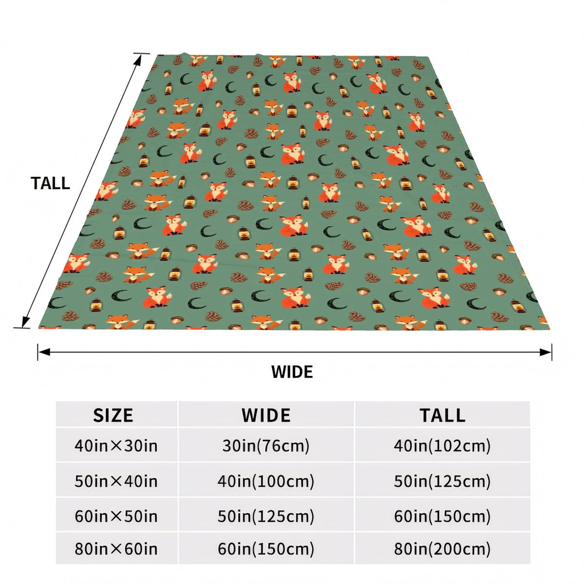 "Foxlight Trail" Forest Blanket – Whimsical Foxes & Lanterns on Muted Green