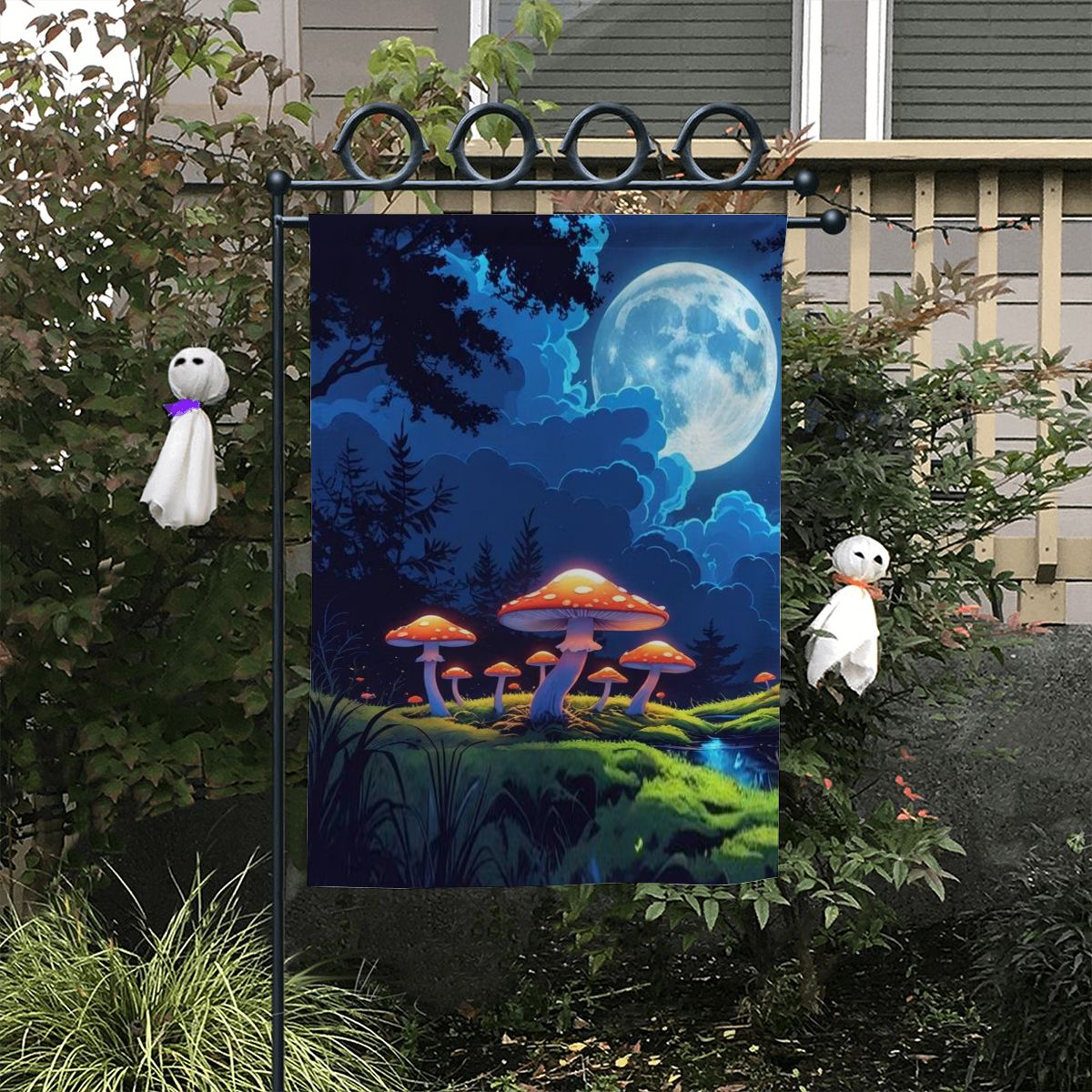 Lunar Mushrooms Garden Flag – Glowing Mushrooms and Full Moon Yard Banner