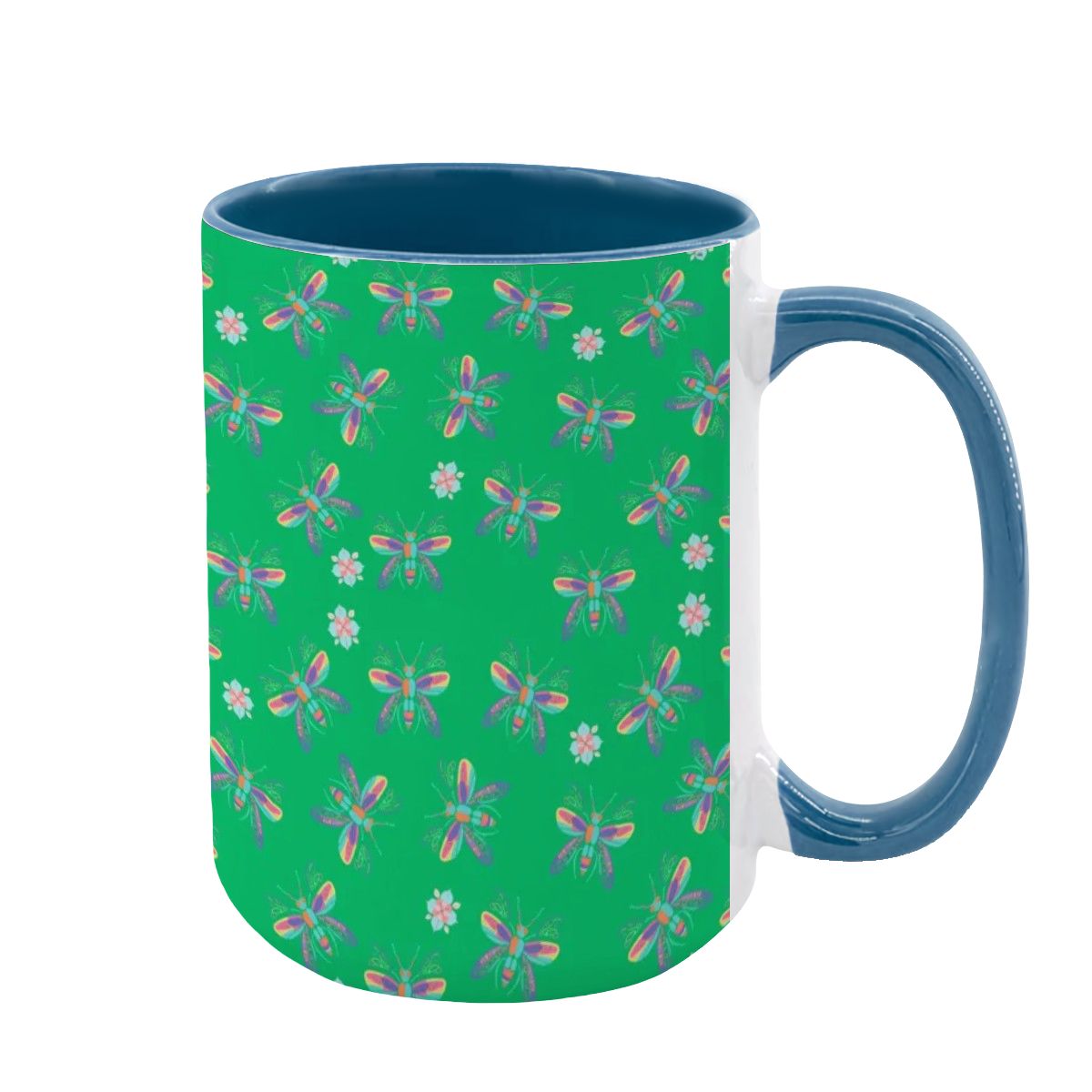 “Iridescent Flight” 15oz Mug – Dragonfly Print, Green Background, Large Coffee Cup, Whimsical Nature Gift