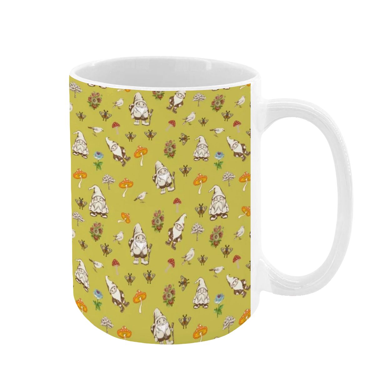 "Forest Folk, Olive Yellow" 15oz Mushroom and Gnome Mug - Rabbit Haven