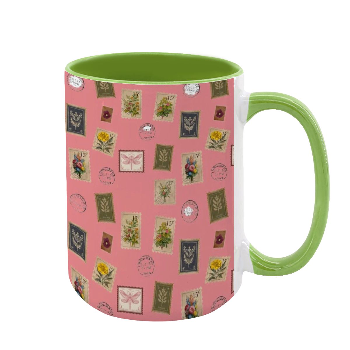 "Garden Postage" 15oz Mug – Vintage Botanical Stamp Print on Pastel Rose | Large Floral Coffee Cup by Rabbit Haven