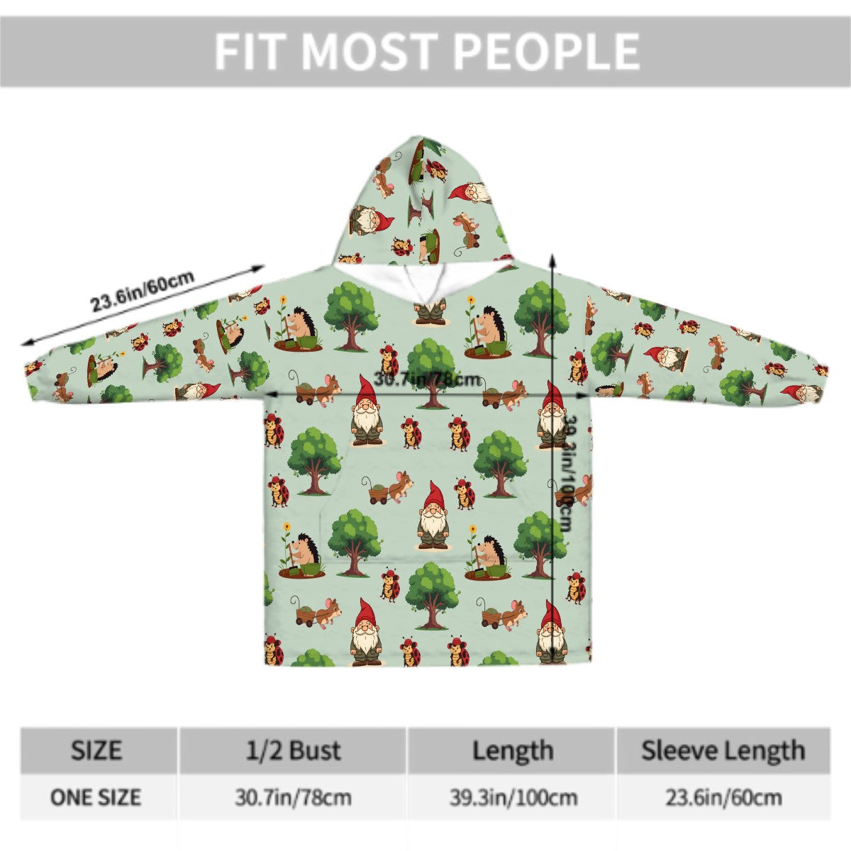 Gnome Folk & Friends Blanket Hoodie – Sage Green, Gnomes & Woodland Animals