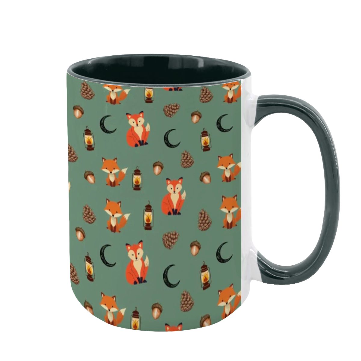 "Foxlight Trail" 15oz Mug – Whimsical Fox & Forest Lanterns on Muted Green | Woodland Coffee Cup by Rabbit Haven