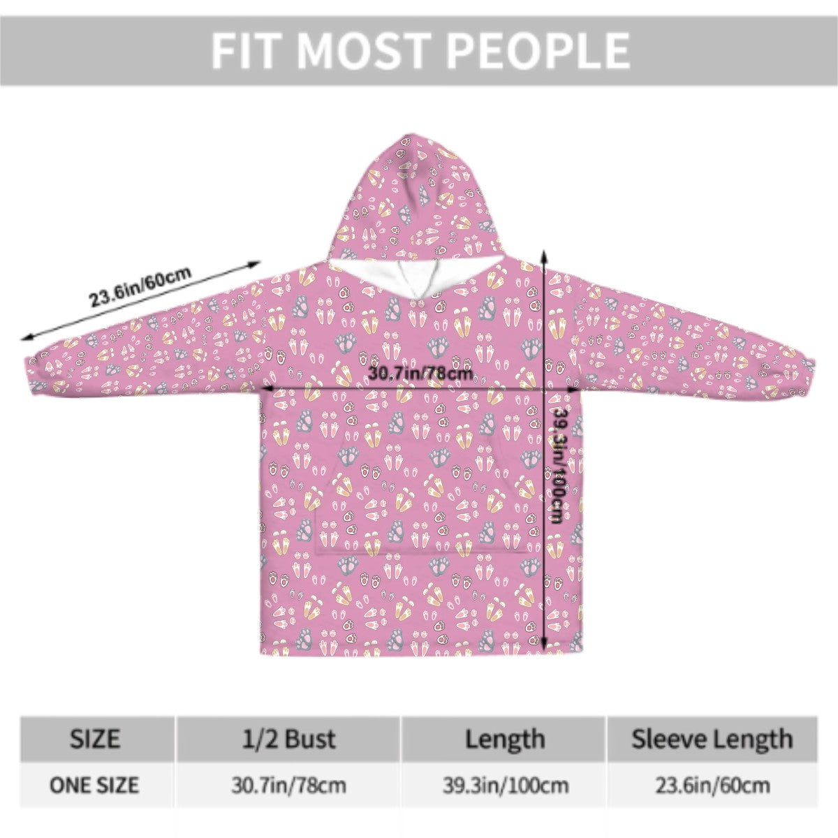 "Bunny Tracks" Adult Blanket Hoodie – Dusty Rose Background, Cute Rabbit Footprint Print
