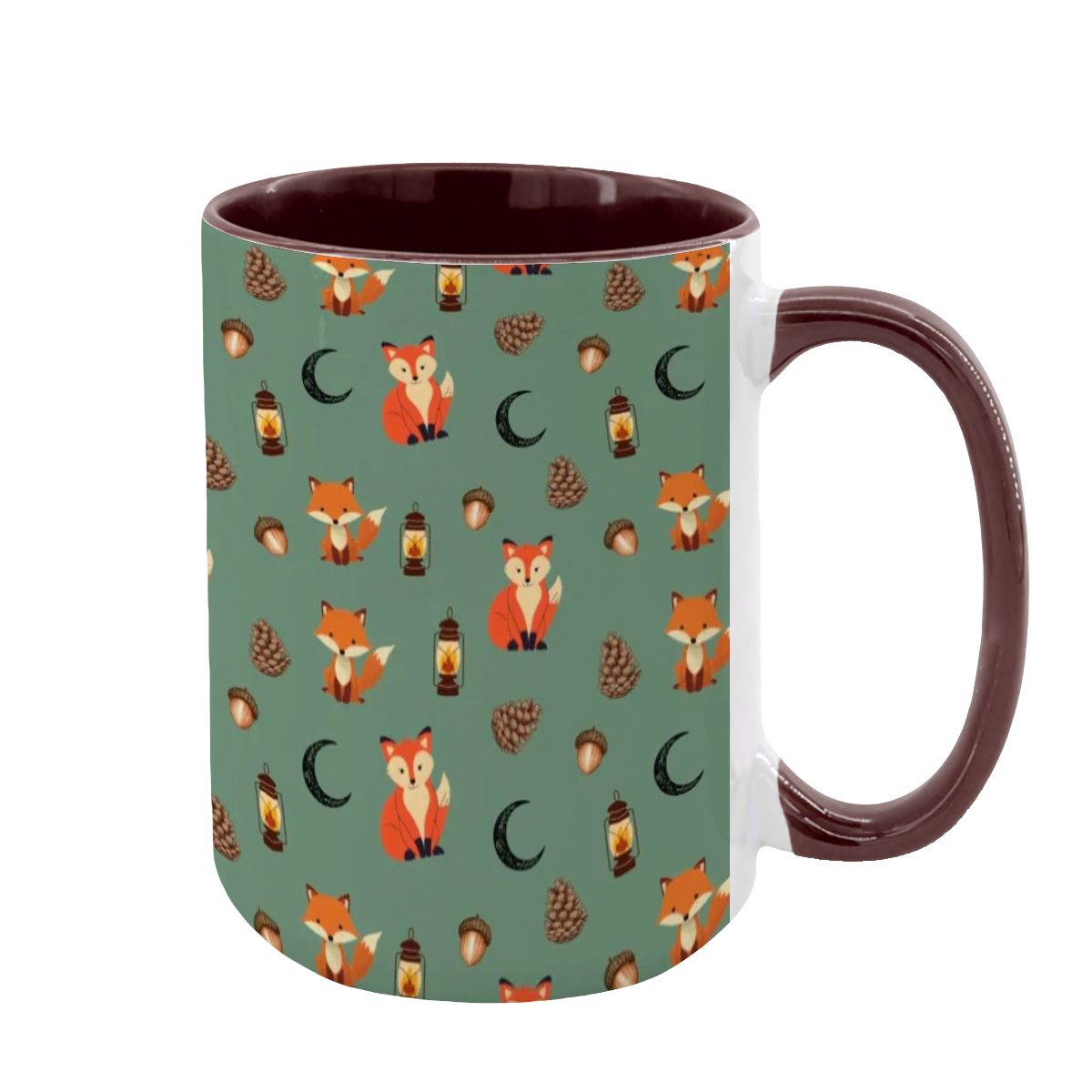 "Foxlight Trail" 15oz Mug – Whimsical Fox & Forest Lanterns on Muted Green | Woodland Coffee Cup by Rabbit Haven