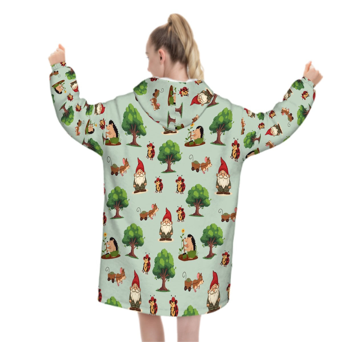 Gnome Folk & Friends Blanket Hoodie – Sage Green, Gnomes & Woodland Animals