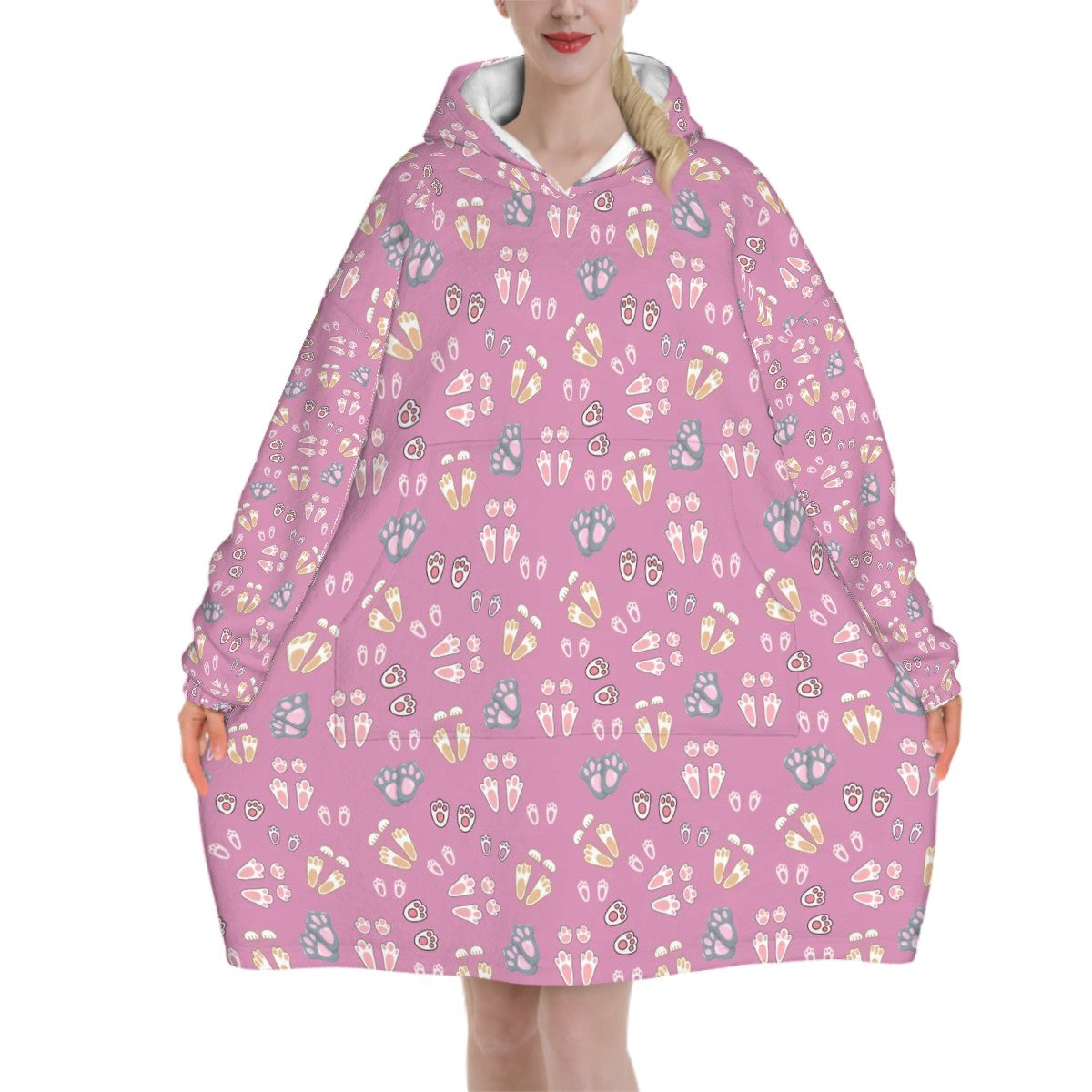 "Bunny Tracks" Adult Blanket Hoodie – Dusty Rose Background, Cute Rabbit Footprint Print