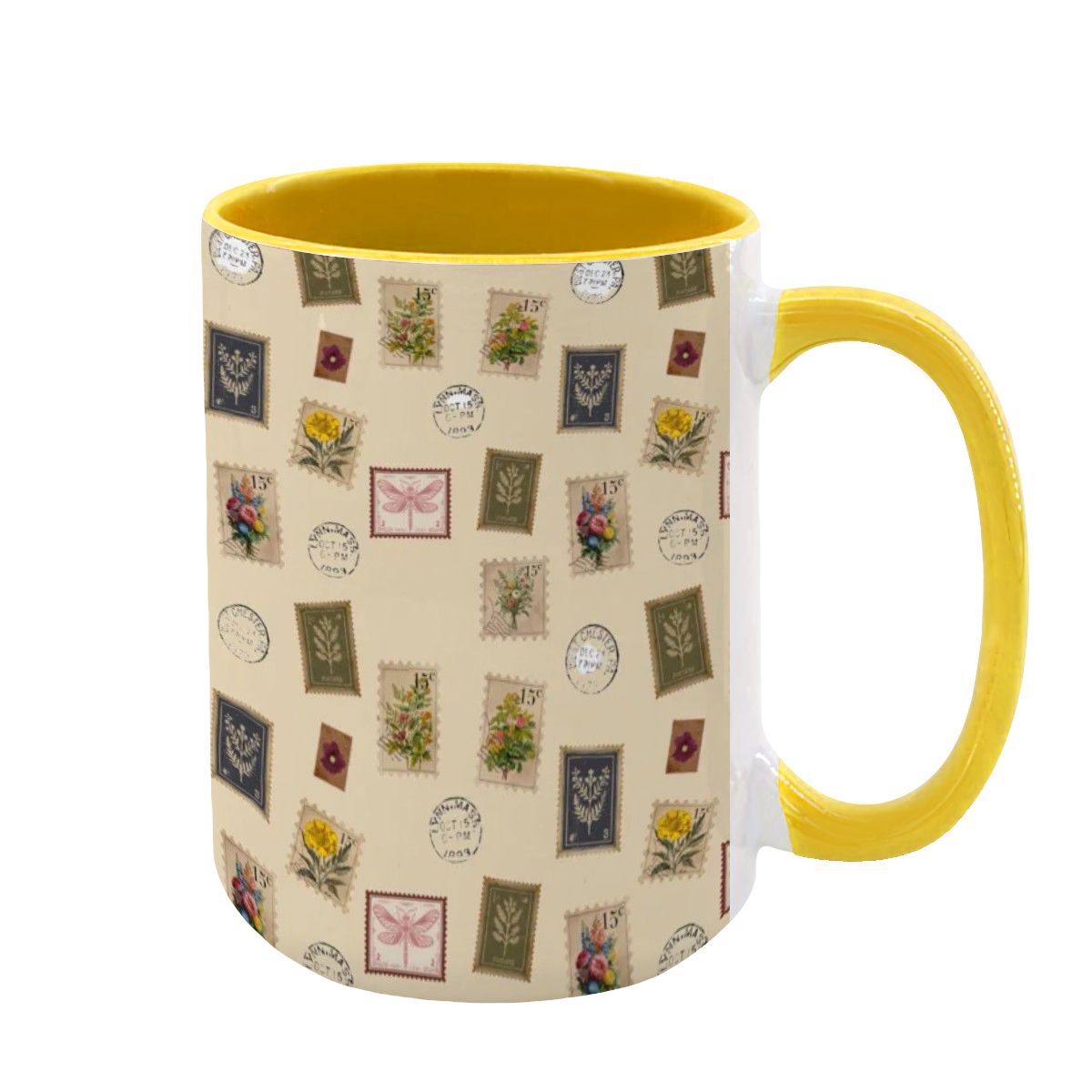 "Garden Postage" 15oz Mug – Vintage Botanical Stamp Print on Cream | Large Floral Coffee Cup by Rabbit Haven