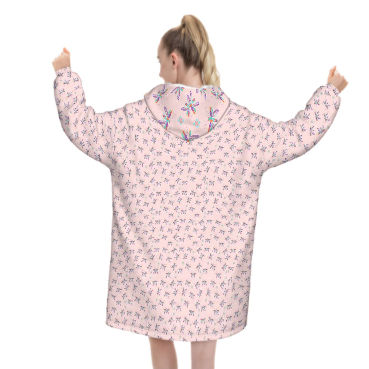 "Iridescent Flight" Pink Blanket Hoodie – Cozy Whimsical Loungewear with Dragonflies