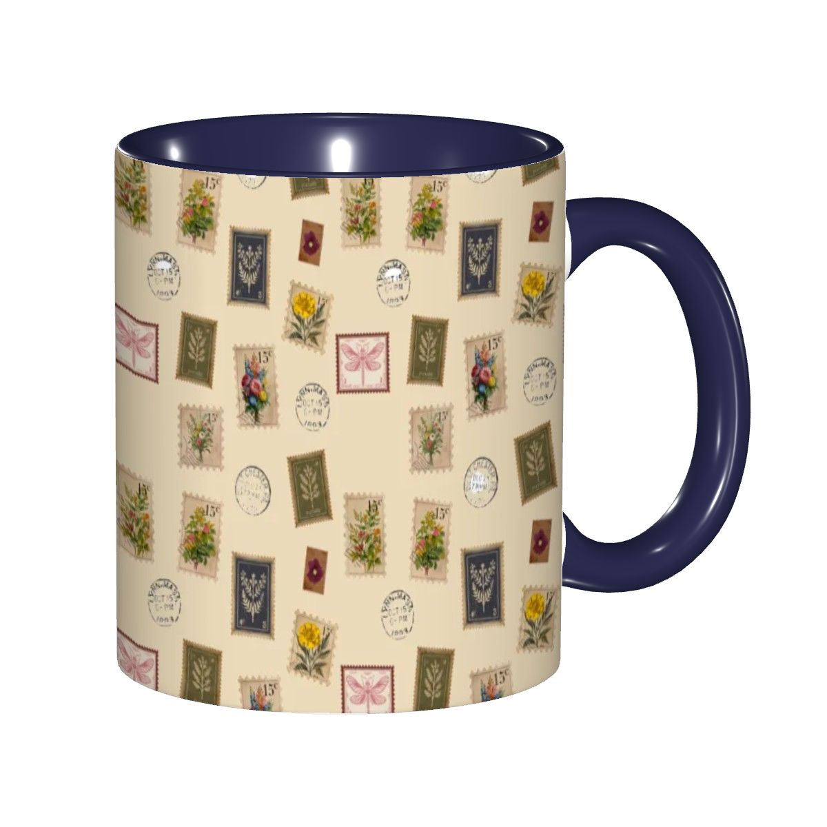 "Garden Postage"11oz Mug – Vintage Botanical Stamp Print on Cream | Floral Coffee Cup by Rabbit Haven