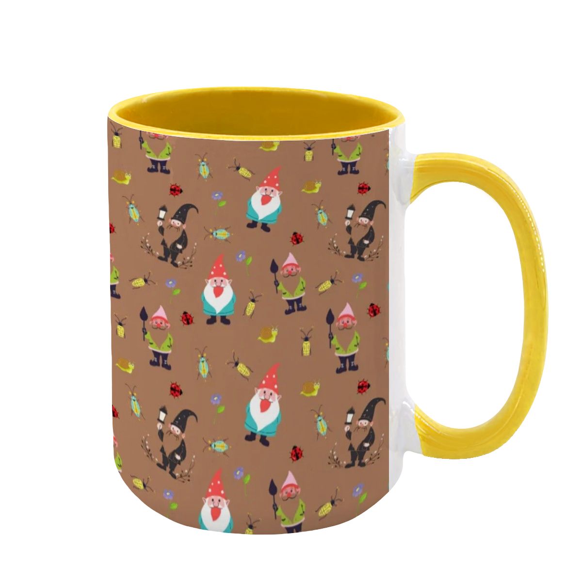 “Gnome Trails” 15oz Mug – Whimsical Gnome Pattern, Large Coffee Cup, Brown Background, Woodland Forest Gift