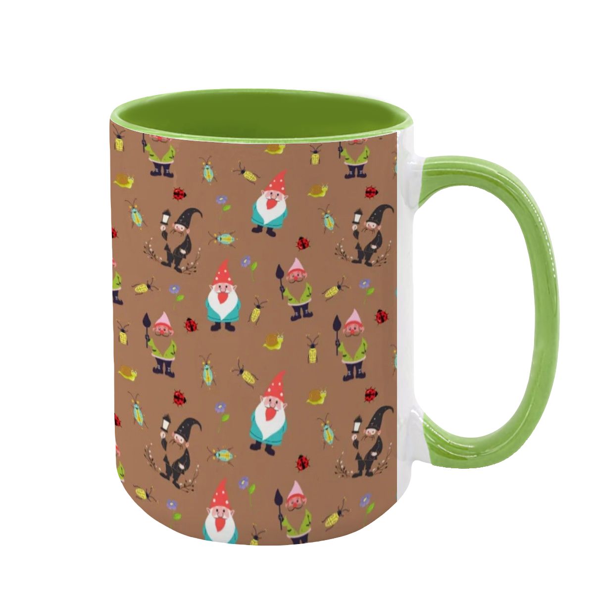 “Gnome Trails” 15oz Mug – Whimsical Gnome Pattern, Large Coffee Cup, Brown Background, Woodland Forest Gift