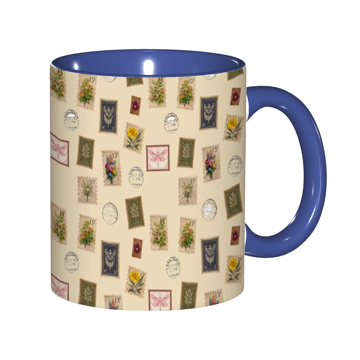 "Garden Postage"11oz Mug – Vintage Botanical Stamp Print on Cream | Floral Coffee Cup by Rabbit Haven
