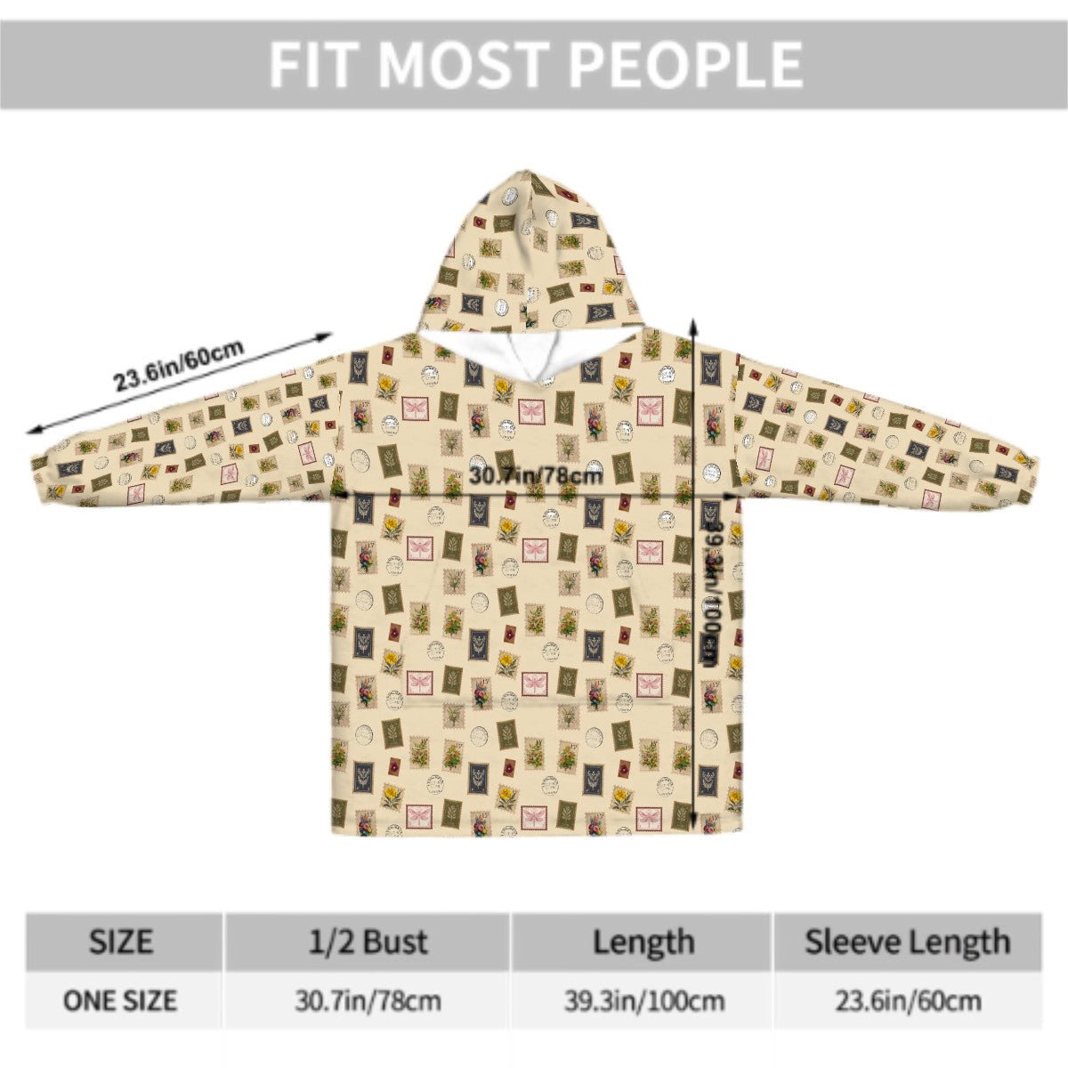 "Garden Postage" Adult Blanket Hoodie – Cream Background, Cozy Floral Stamp Print