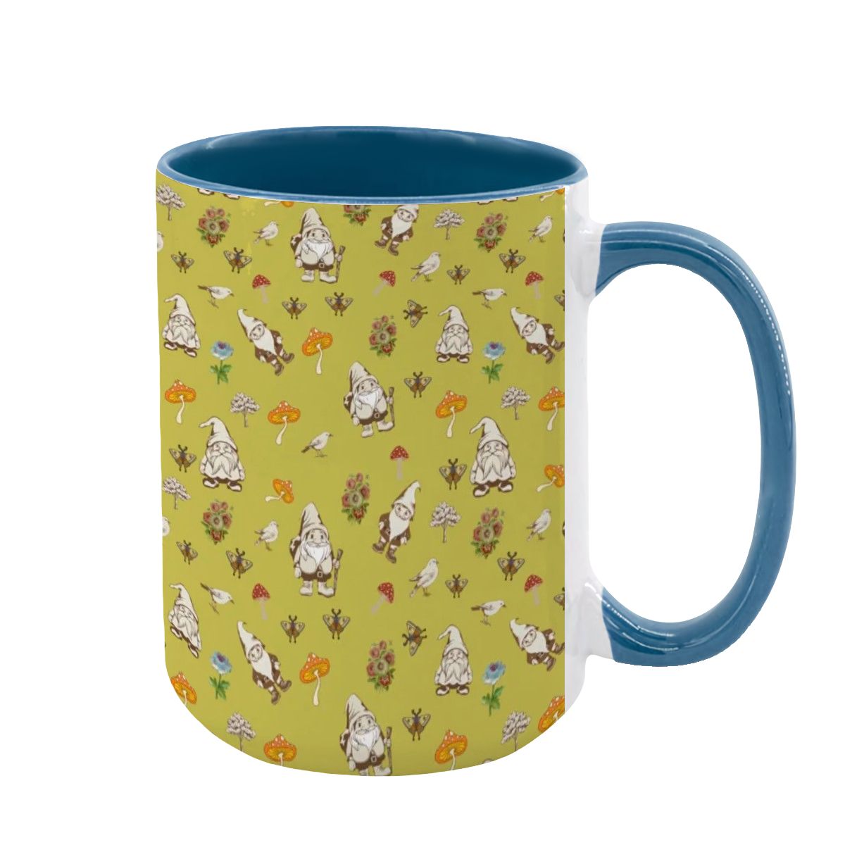 "Forest Folk, Olive Yellow" 15oz Mushroom and Gnome Mug - Rabbit Haven