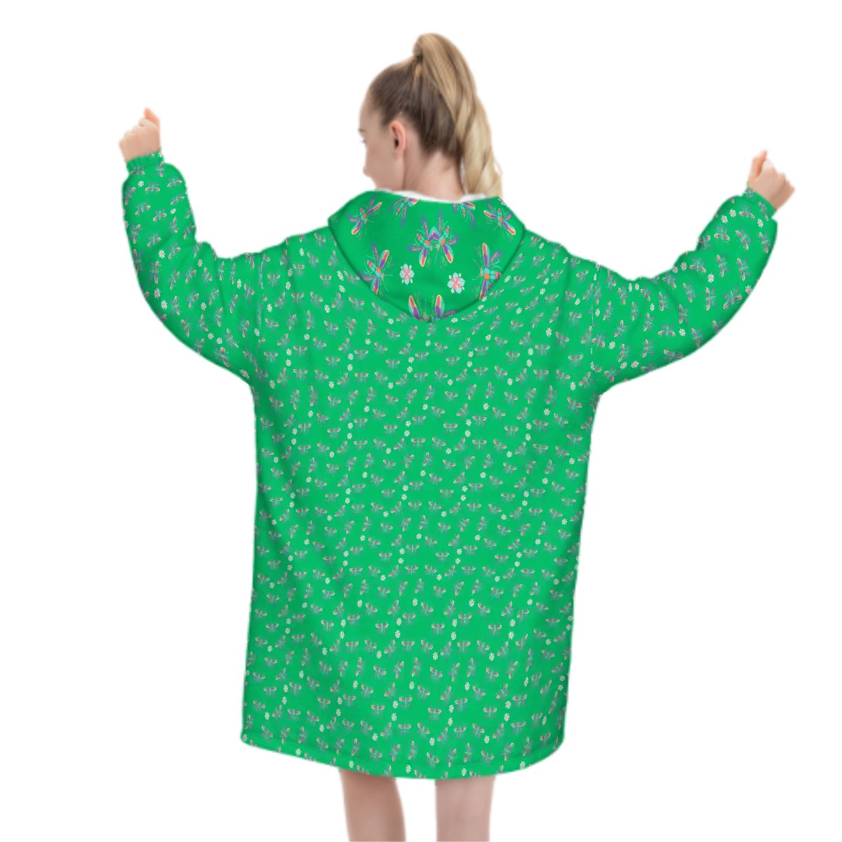 "Iridescent Flight" Green Blanket Hoodie – Cozy Whimsical Loungewear with Dragonflies