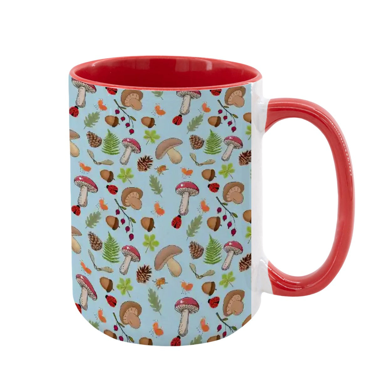 “Forest Floor” 15oz Mug – Blue Background, Mushrooms, Insects, Acorns, Leaves & Ferns, Woodland Nature Coffee Cup
