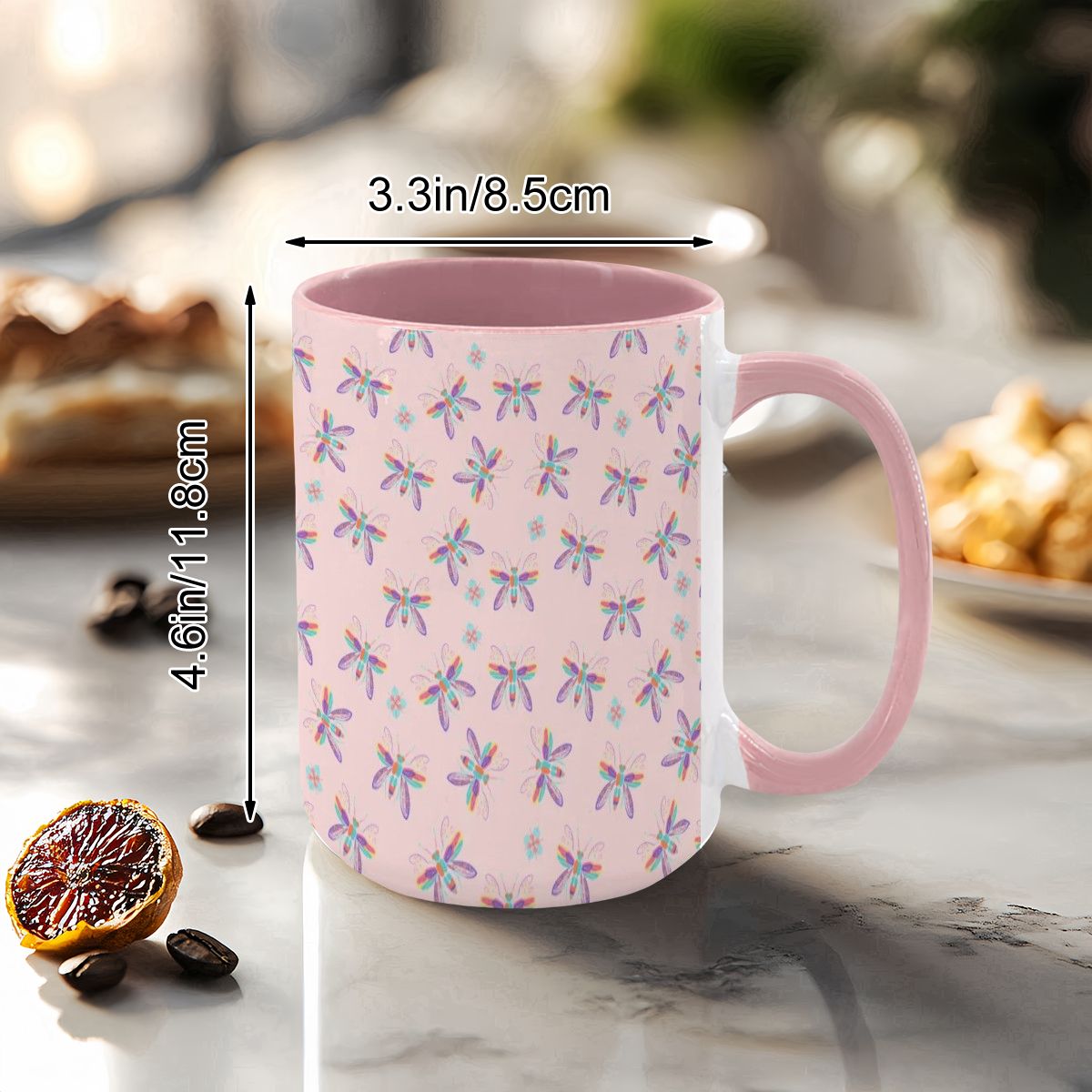“Iridescent Flight” 15oz Mug – Dragonfly Print, Pink Background, Large Coffee Cup, Whimsical Nature Gift