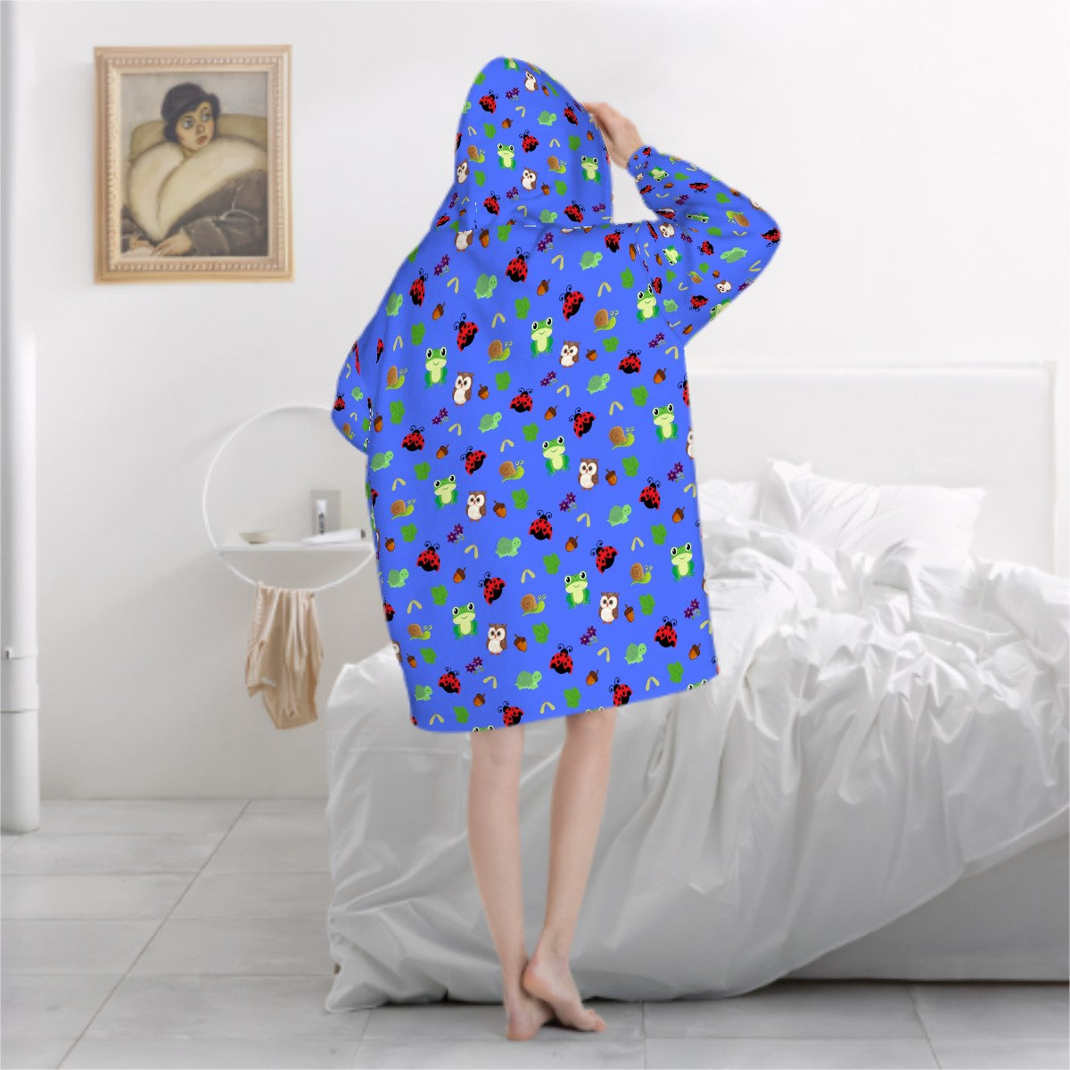 Forest Frolic Blanket Hoodie – Blue, Woodland Animals & Leaf Print