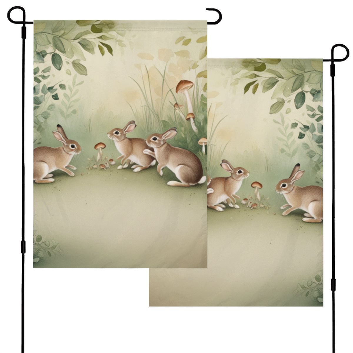 Meadow Gathering Garden Flag – Whimsical Bunny and Mushroom Outdoor Decor