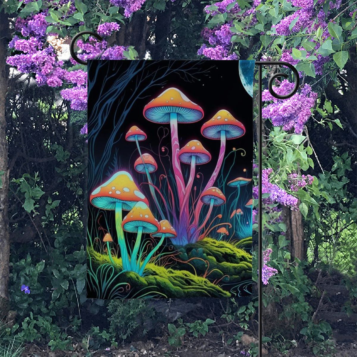 Starlit Mushrooms Garden Flag – Magical Neon Mushroom Outdoor Decor