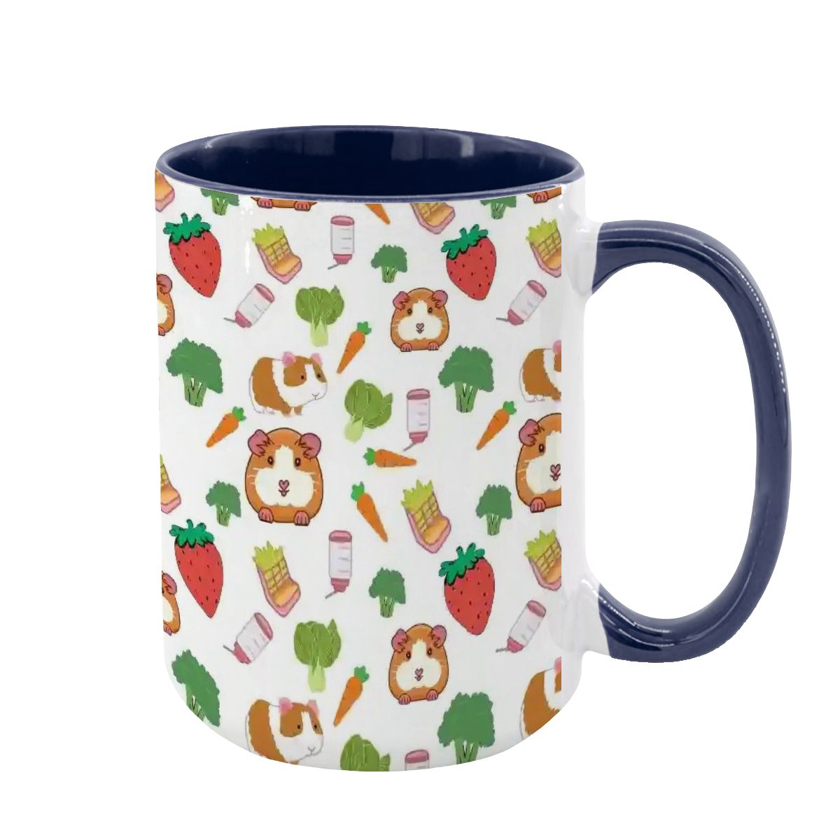 “Guinea Pig Picnic” 15oz Mug – Cute Guinea Pig, Veggies & Feeding Dishes Pattern, Large Coffee Cup, Pet Lover Gift
