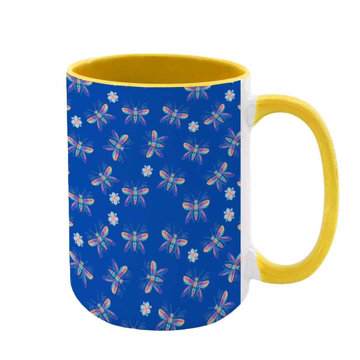 “Iridescent Flight” 15oz Mug – Dragonfly Print, Blue Background, Large Coffee Cup, Whimsical Nature Gift