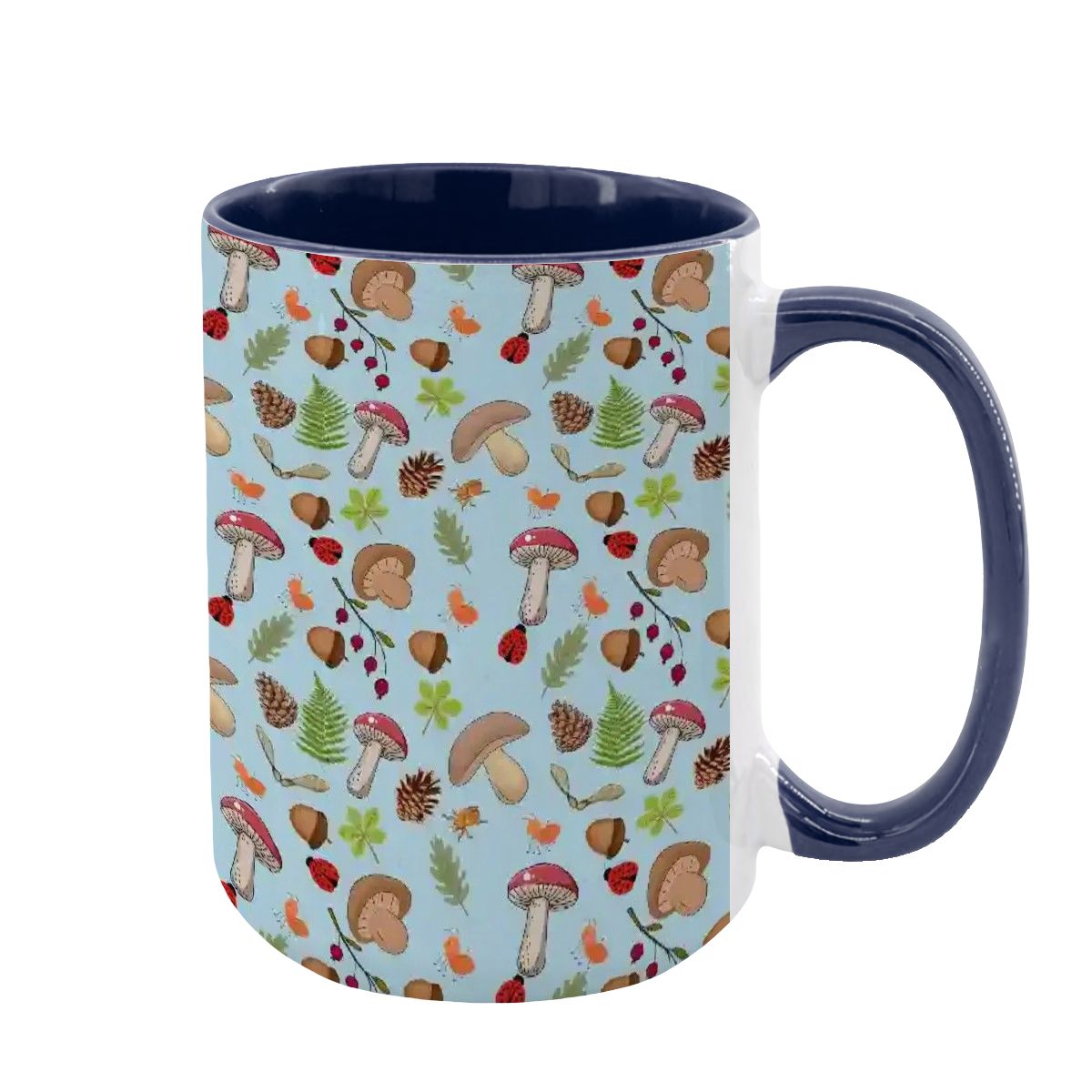 “Forest Floor” 15oz Mug – Blue Background, Mushrooms, Insects, Acorns, Leaves & Ferns, Woodland Nature Coffee Cup