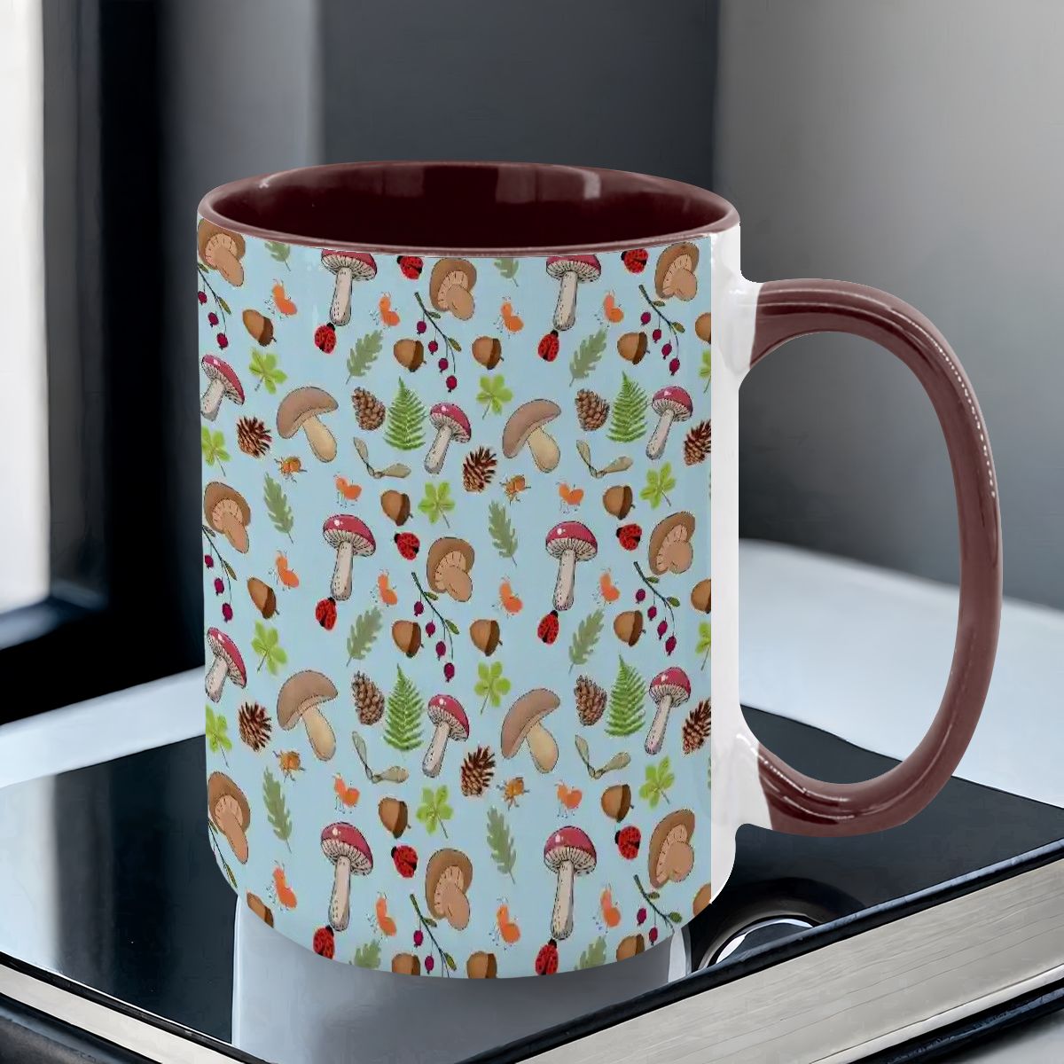 “Forest Floor” 15oz Mug – Blue Background, Mushrooms, Insects, Acorns, Leaves & Ferns, Woodland Nature Coffee Cup