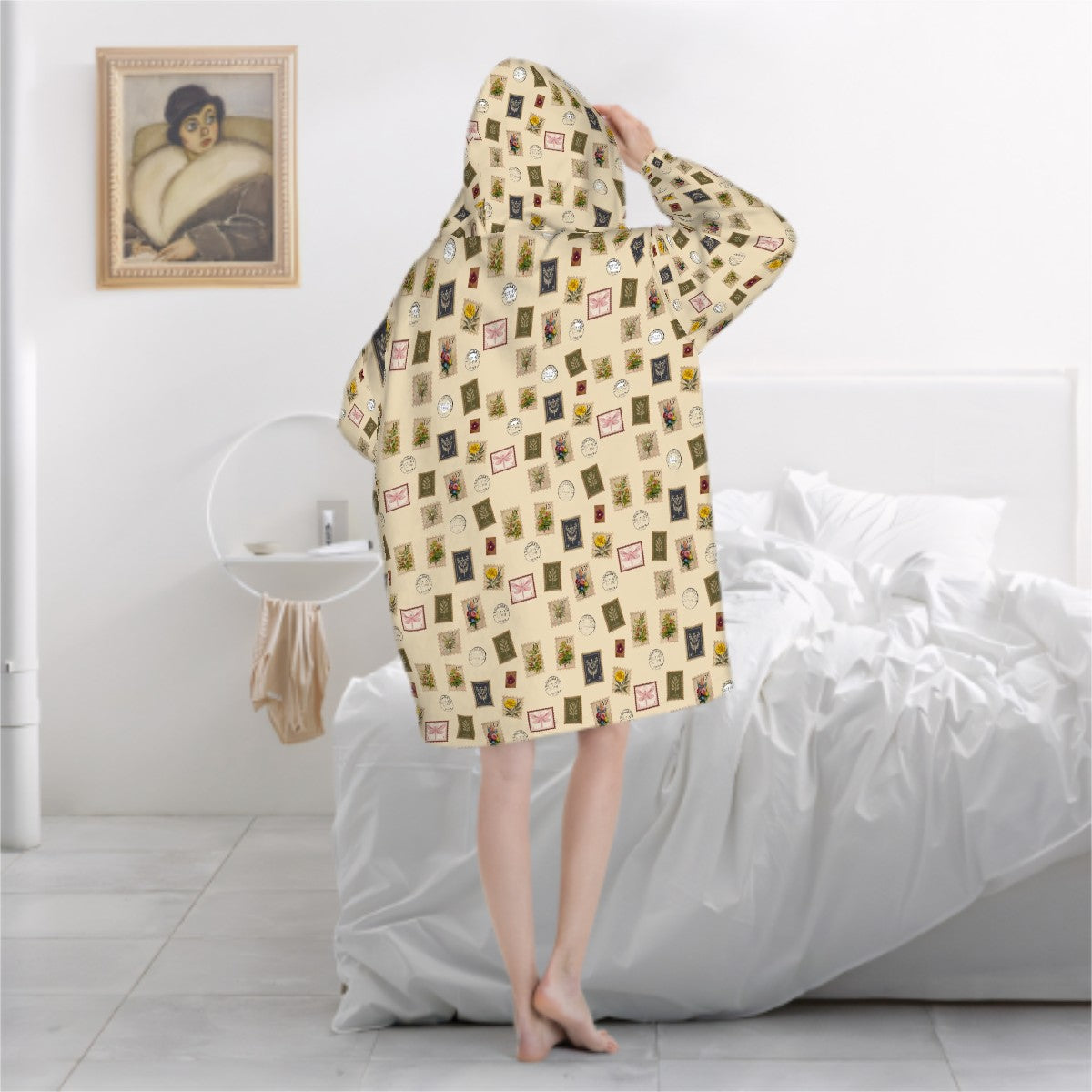 "Garden Postage" Adult Blanket Hoodie – Cream Background, Cozy Floral Stamp Print