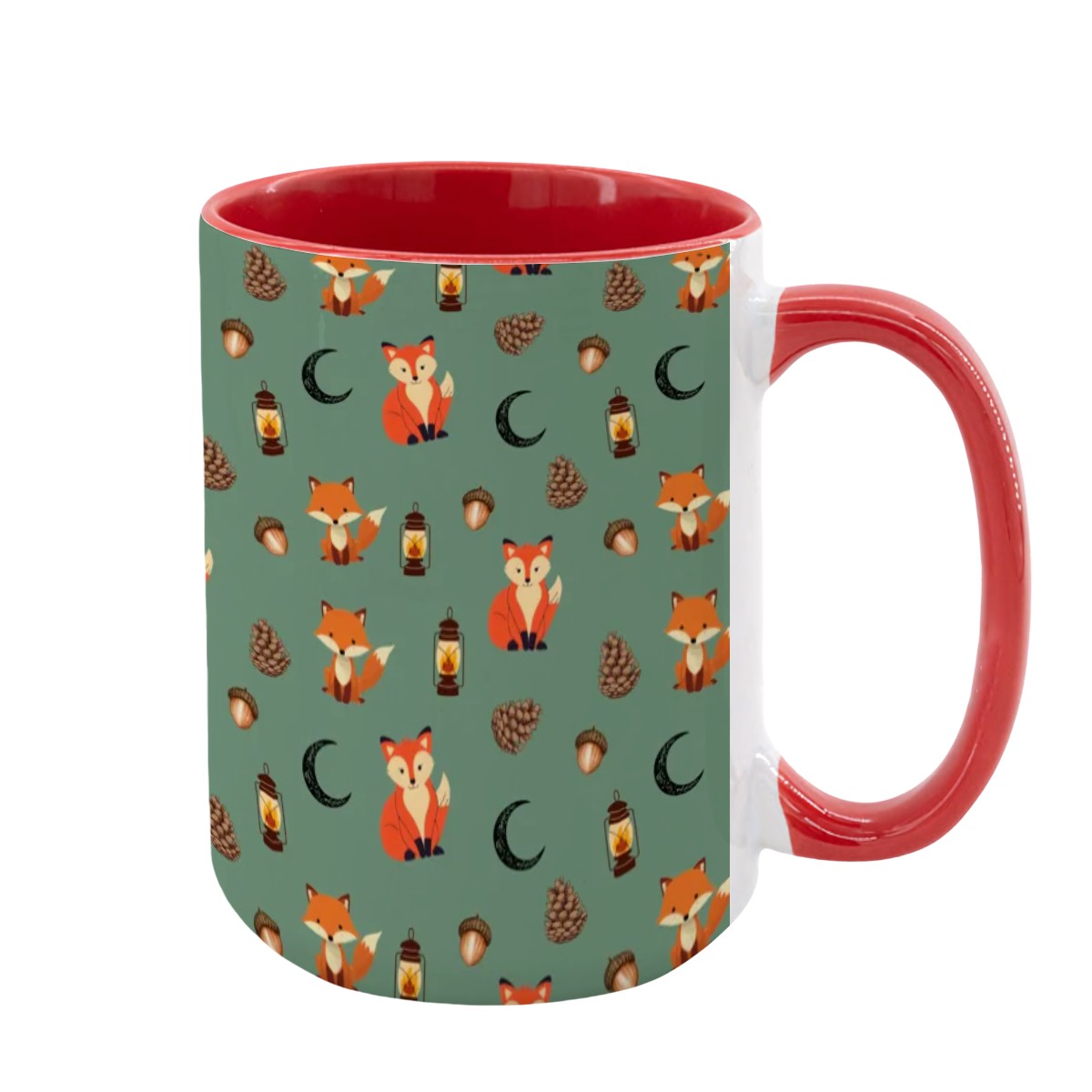 "Foxlight Trail" 15oz Mug – Whimsical Fox & Forest Lanterns on Muted Green | Woodland Coffee Cup by Rabbit Haven
