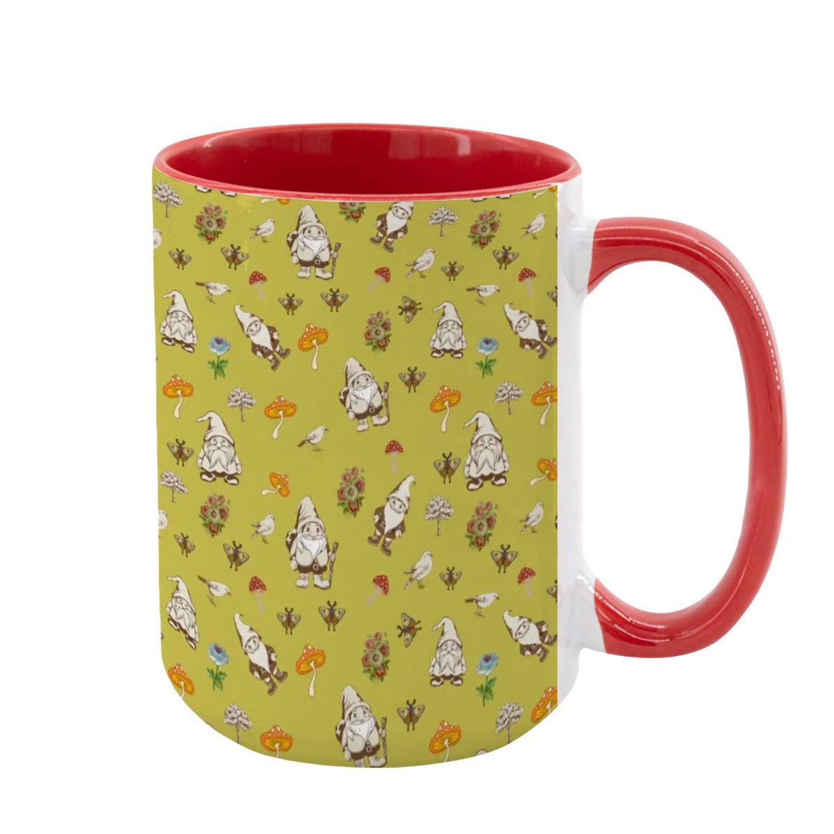 "Forest Folk, Olive Yellow" 15oz Mushroom and Gnome Mug - Rabbit Haven