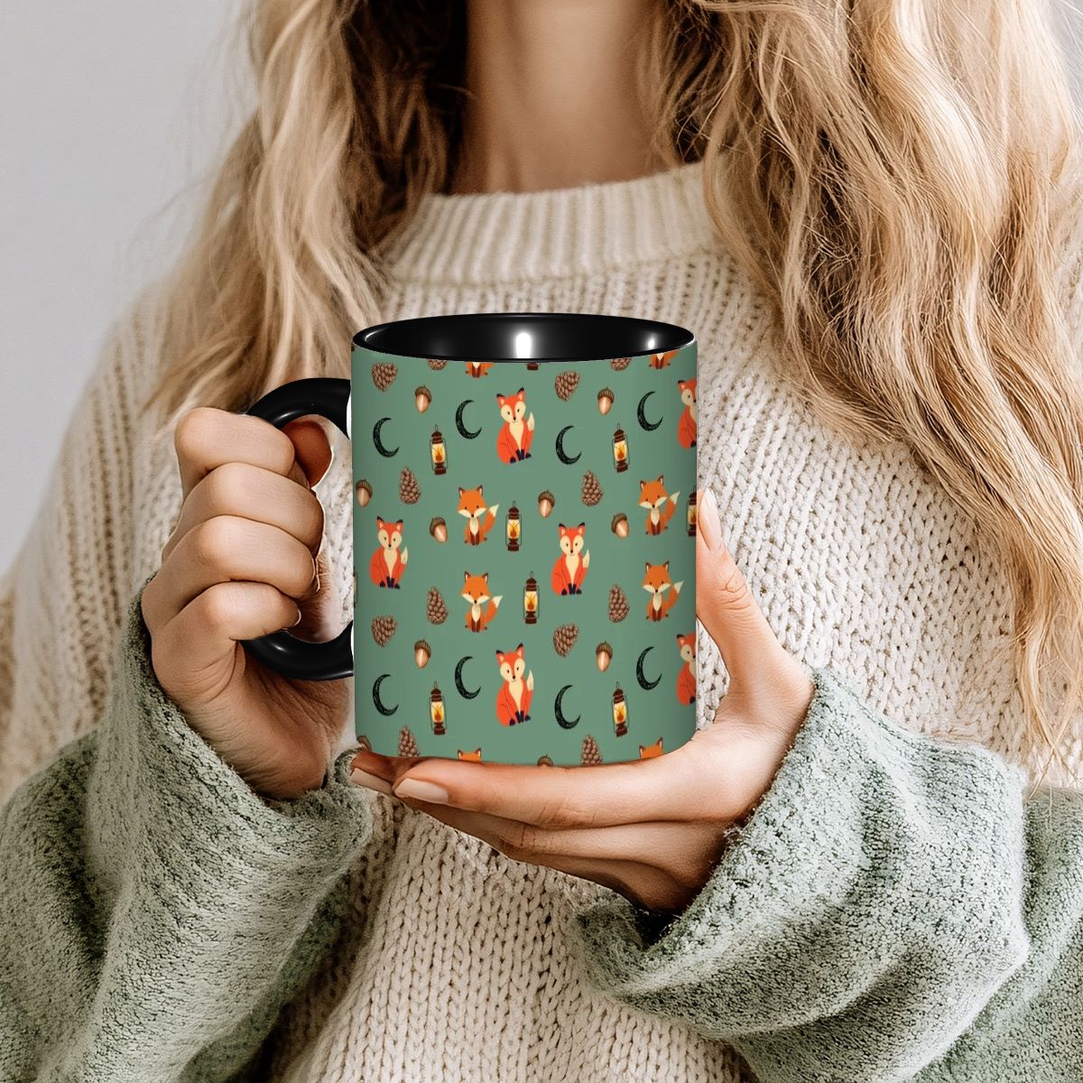 Foxlight Trail 11oz Mug – Whimsical Fox & Forest Lanterns on Muted Green | Woodland Coffee Cup by Rabbit Haven