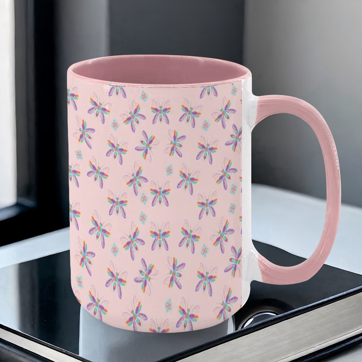 “Iridescent Flight” 15oz Mug – Dragonfly Print, Pink Background, Large Coffee Cup, Whimsical Nature Gift