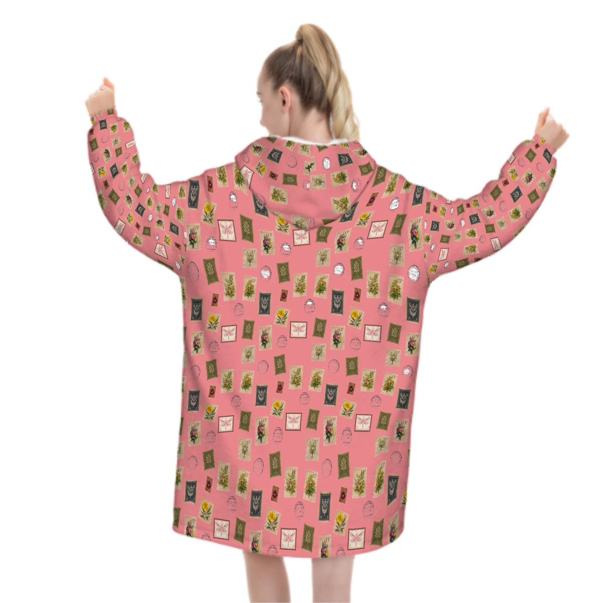 "Garden Postage" Adult Blanket Hoodie – Pastel Rose Background, Cozy Floral Stamp Print