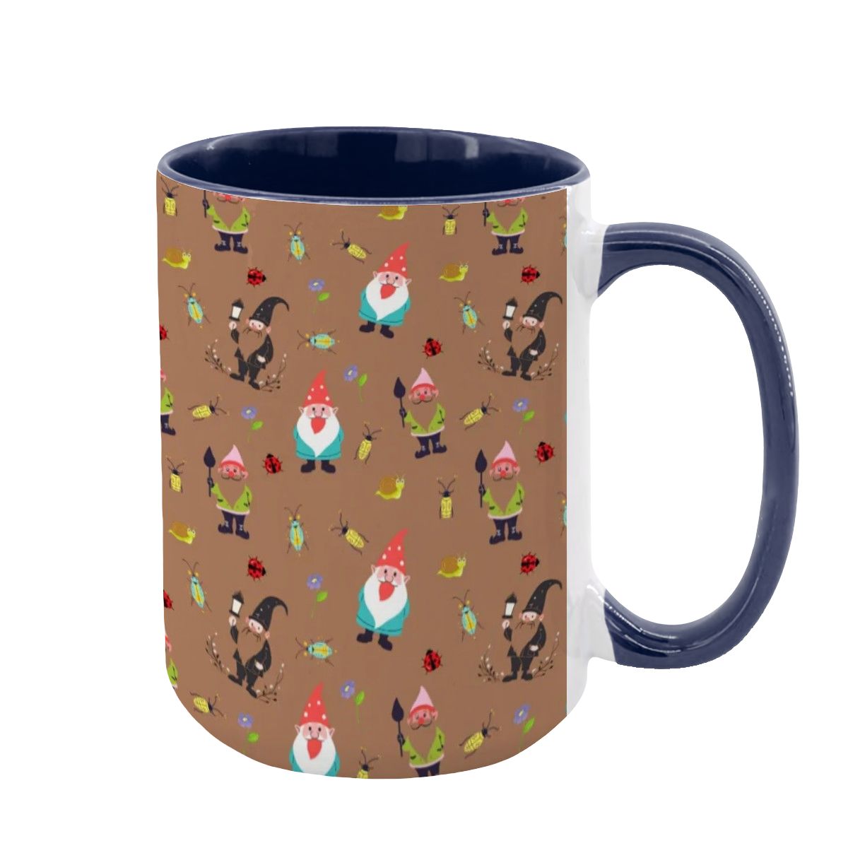 “Gnome Trails” 15oz Mug – Whimsical Gnome Pattern, Large Coffee Cup, Brown Background, Woodland Forest Gift