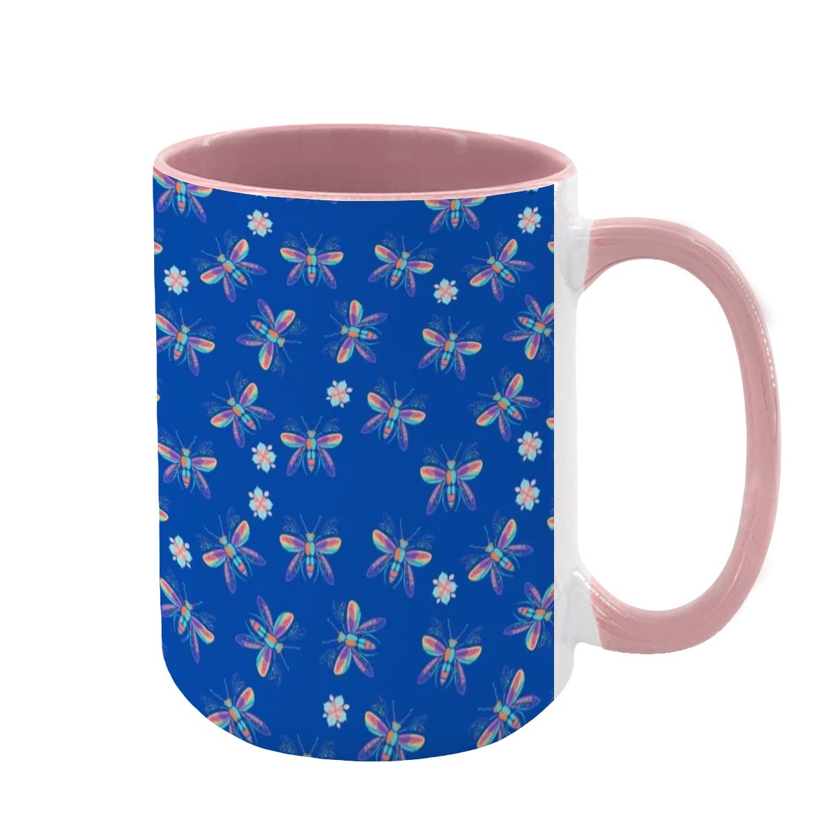“Iridescent Flight” 15oz Mug – Dragonfly Print, Blue Background, Large Coffee Cup, Whimsical Nature Gift