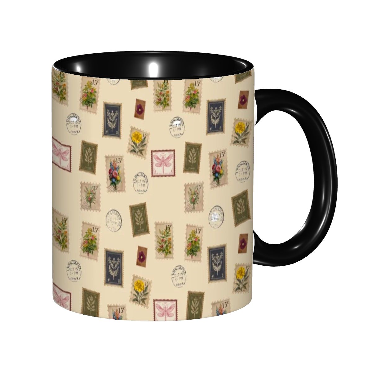 "Garden Postage"11oz Mug – Vintage Botanical Stamp Print on Cream | Floral Coffee Cup by Rabbit Haven