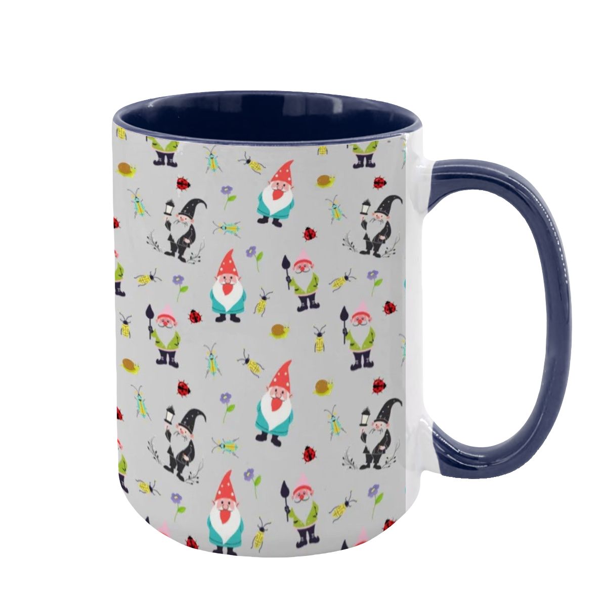“Gnome Trails” 15oz Mug – Whimsical Gnome Pattern, Large Coffee Cup, Grey Background, Woodland Forest Gift
