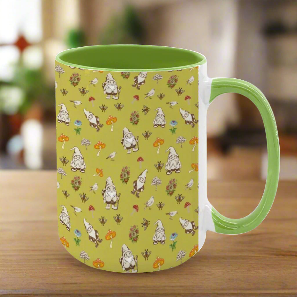 "Forest Folk, Olive Yellow" 15oz Mushroom and Gnome Mug - Rabbit Haven