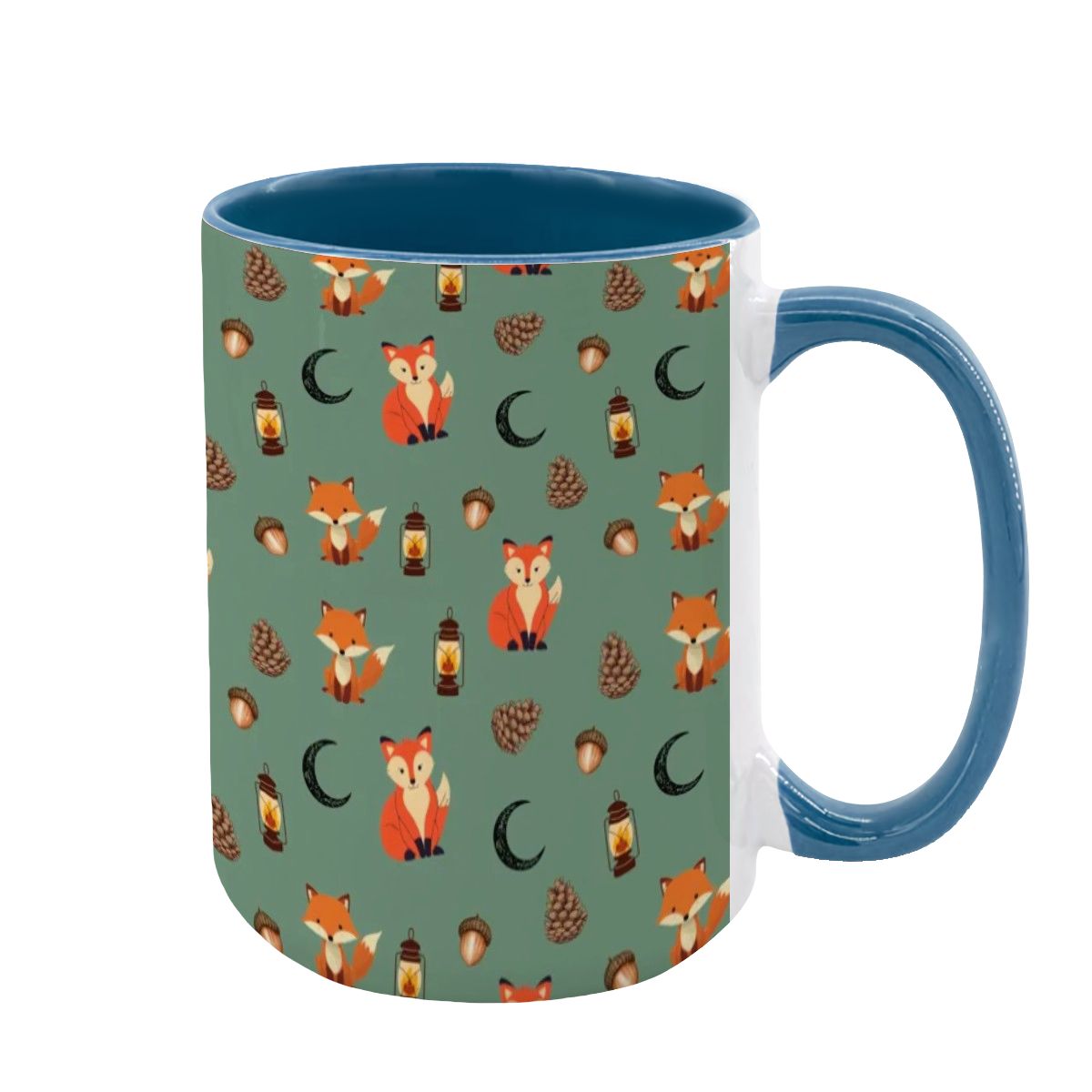 "Foxlight Trail" 15oz Mug – Whimsical Fox & Forest Lanterns on Muted Green | Woodland Coffee Cup by Rabbit Haven