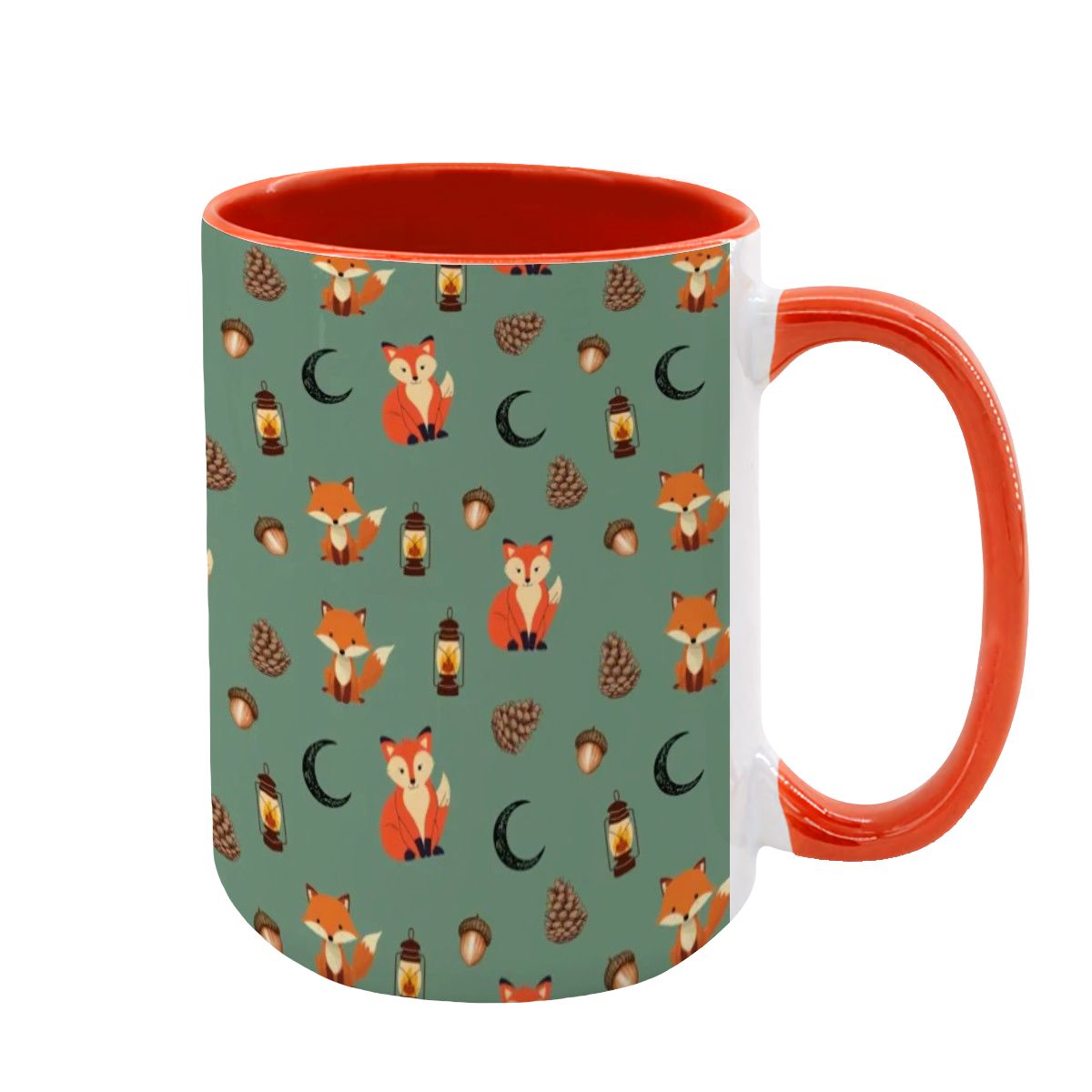 "Foxlight Trail" 15oz Mug – Whimsical Fox & Forest Lanterns on Muted Green | Woodland Coffee Cup by Rabbit Haven