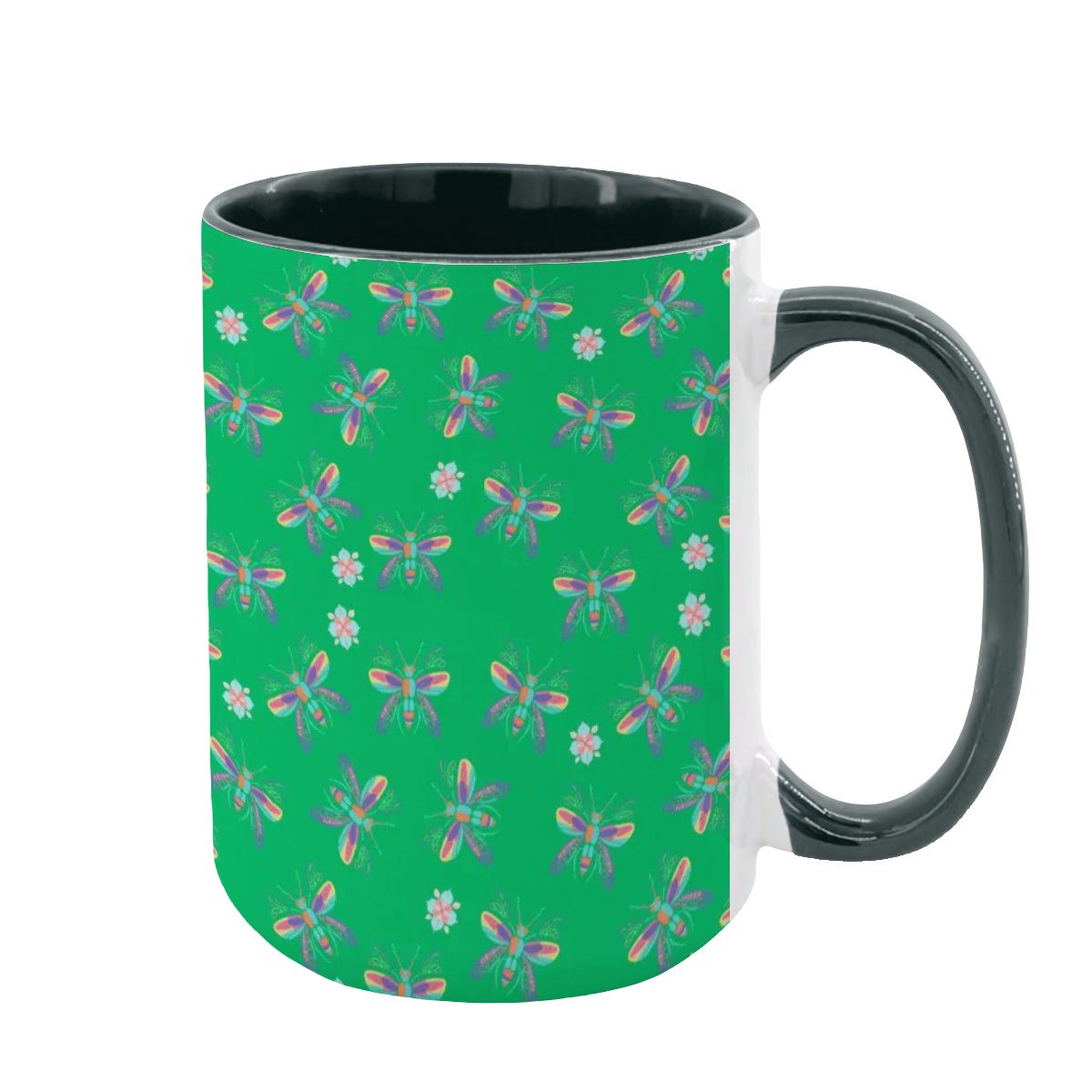 “Iridescent Flight” 15oz Mug – Dragonfly Print, Green Background, Large Coffee Cup, Whimsical Nature Gift