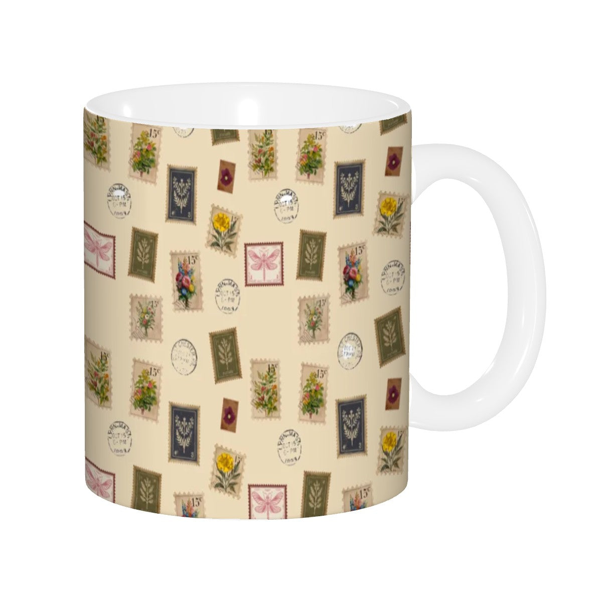 "Garden Postage"11oz Mug – Vintage Botanical Stamp Print on Cream | Floral Coffee Cup by Rabbit Haven