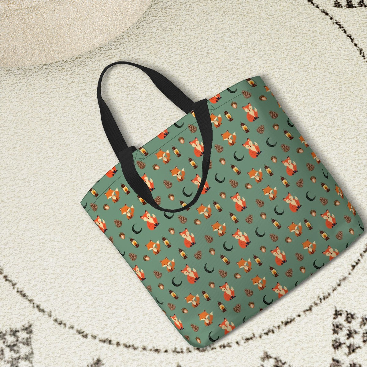 "Foxlight Trail" Shoulder Bag – Whimsical Foxes & Lanterns on Muted Forest Green | Woodland Market Bag by Rabbit Haven