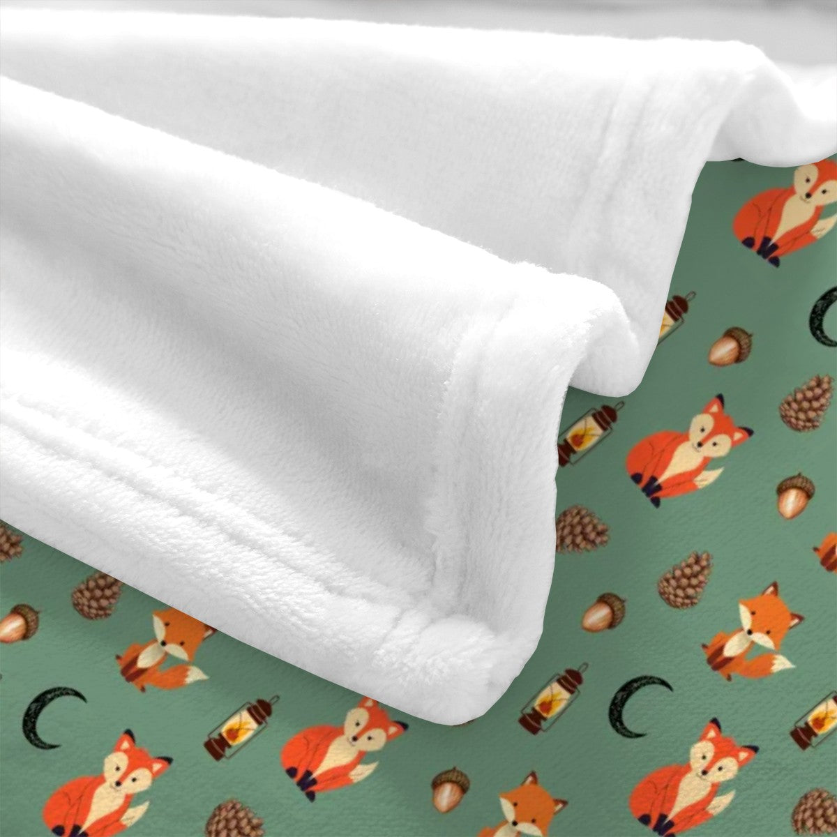 "Foxlight Trail" Forest Blanket – Whimsical Foxes & Lanterns on Muted Green