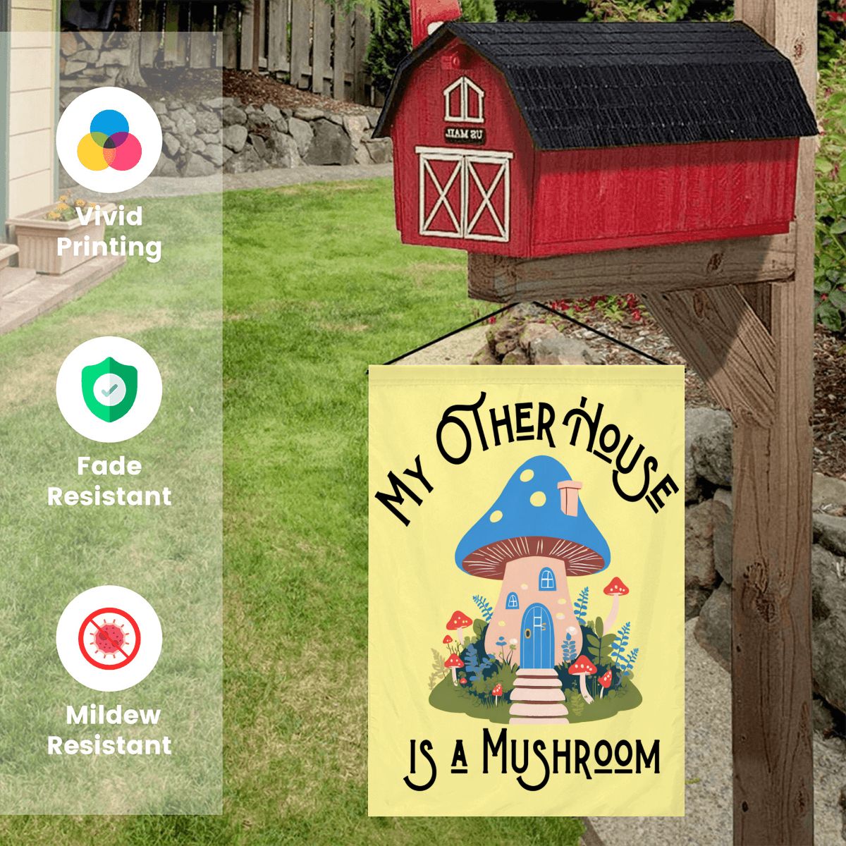 My Other House Is a Mushroom Cute Mushroom Garden Flag – Whimsical Yellow Outdoor Decor