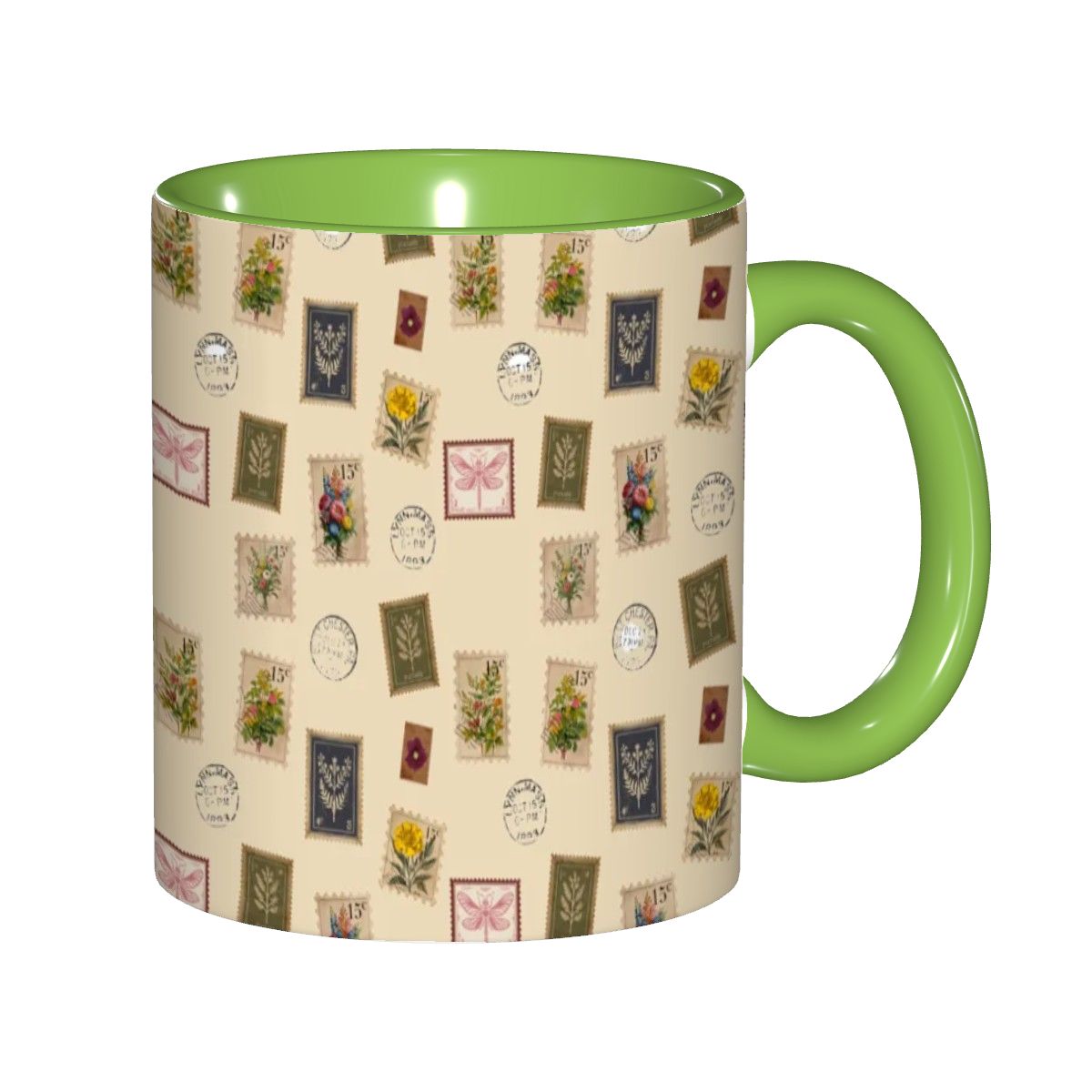 "Garden Postage"11oz Mug – Vintage Botanical Stamp Print on Cream | Floral Coffee Cup by Rabbit Haven