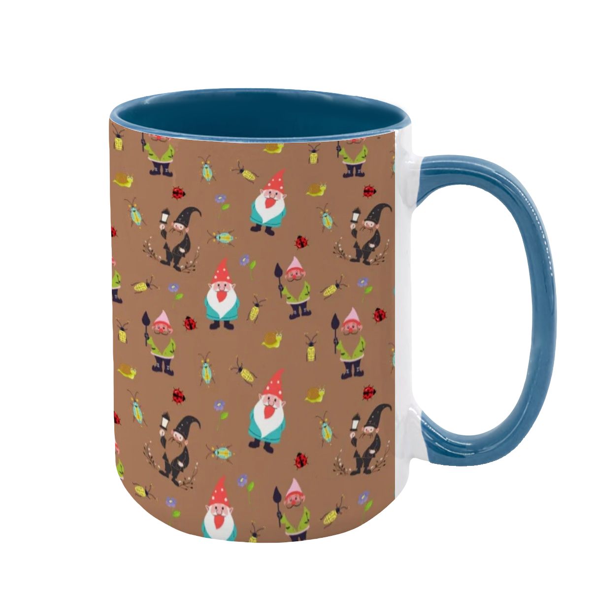 “Gnome Trails” 15oz Mug – Whimsical Gnome Pattern, Large Coffee Cup, Brown Background, Woodland Forest Gift
